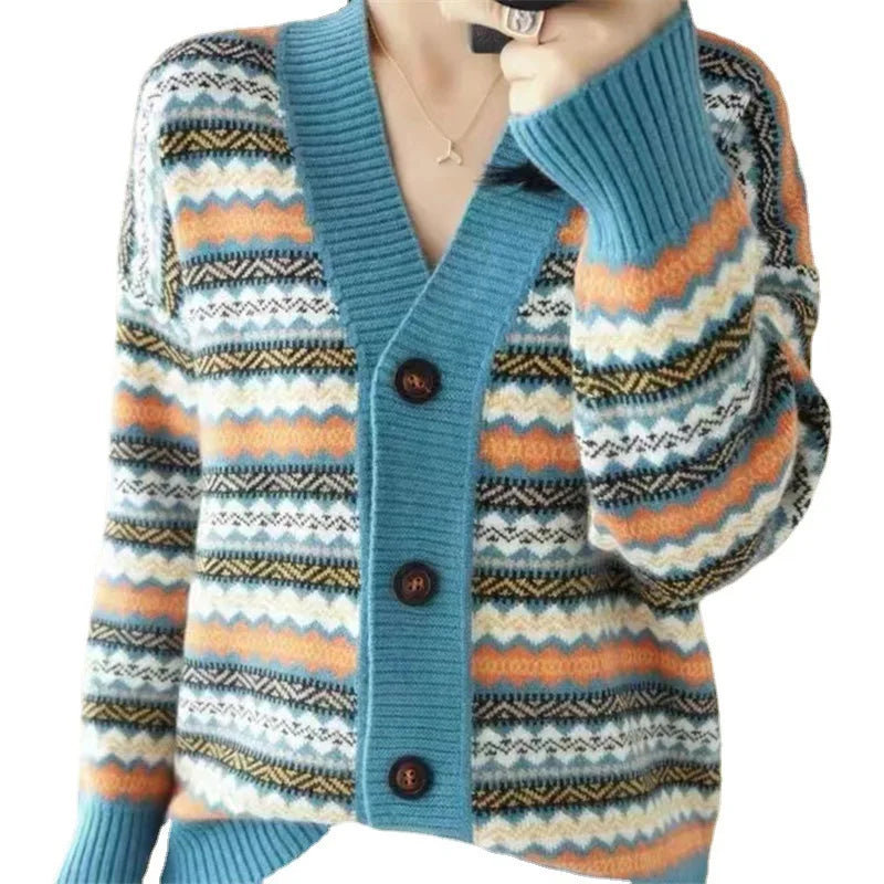 Cárdigan Estampado con Botones — Cuello V Vintage