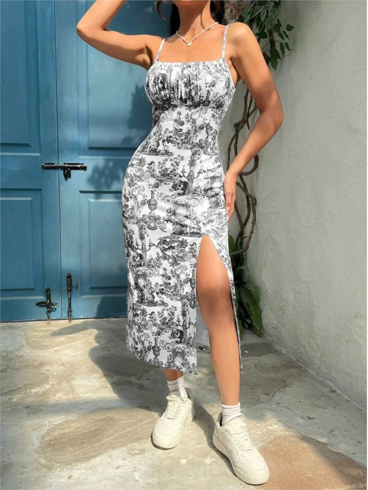 Vestido Midi Floral Sin Tirantes — Abertura Alta y Ajustado