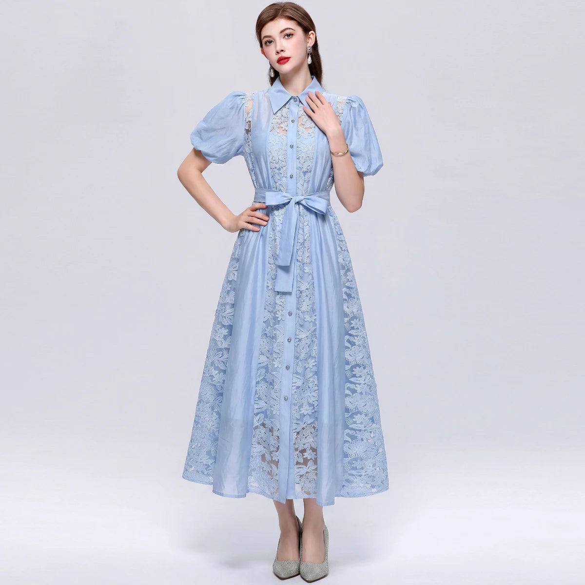 Vestido Camisero de Encaje Calado — Estilo Vintage