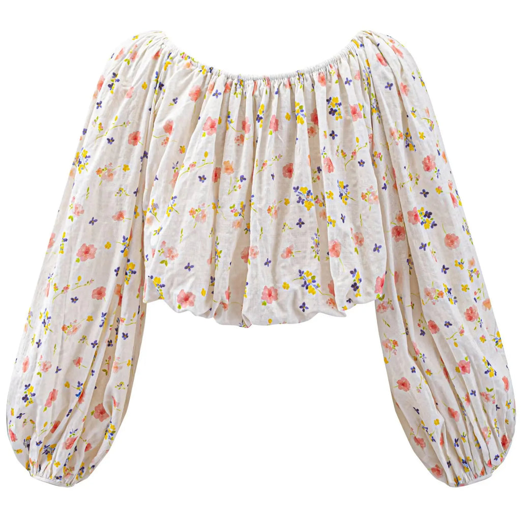 Blusa Beige Floral — Hombro Asimétrico y Manga Farol