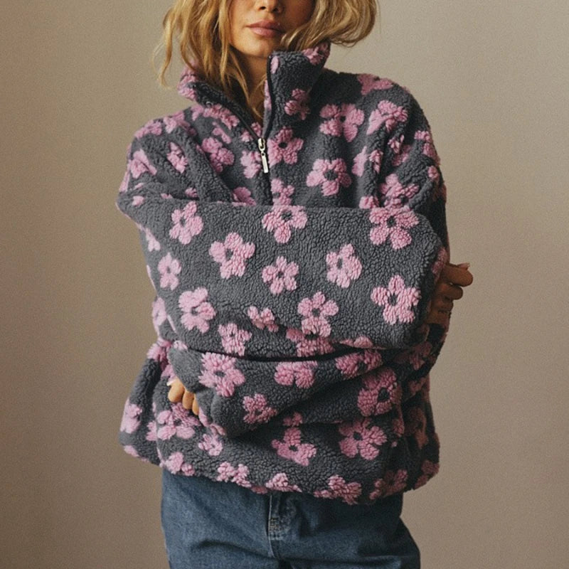 Buzo Polar Floral con Cierre Medio — Cálido y Suave