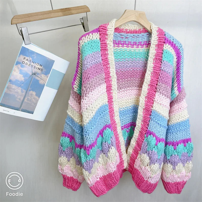Cárdigan Tejido a Rayas Multicolor — Hecho a Mano