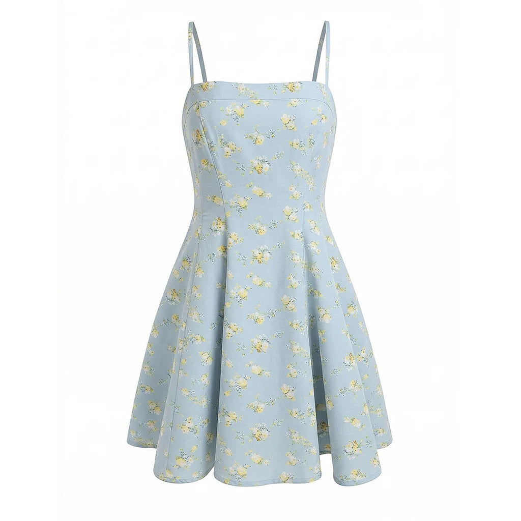 Vestido Mini de Tirantes Azul Floral — Cierre Trasero