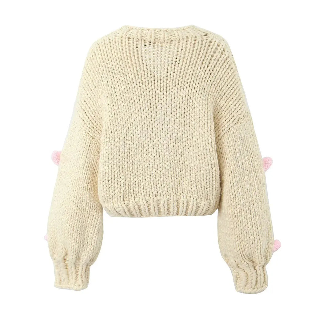 Cárdigan Crochet con Corazones 3D — Manga Farol Beige