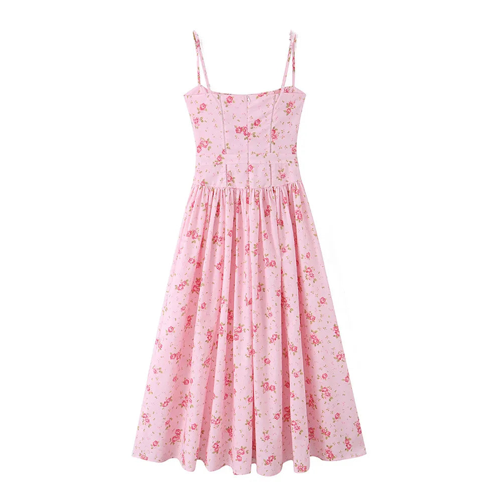 Vestido Largo de Tirantes Rosa con Encaje Calado