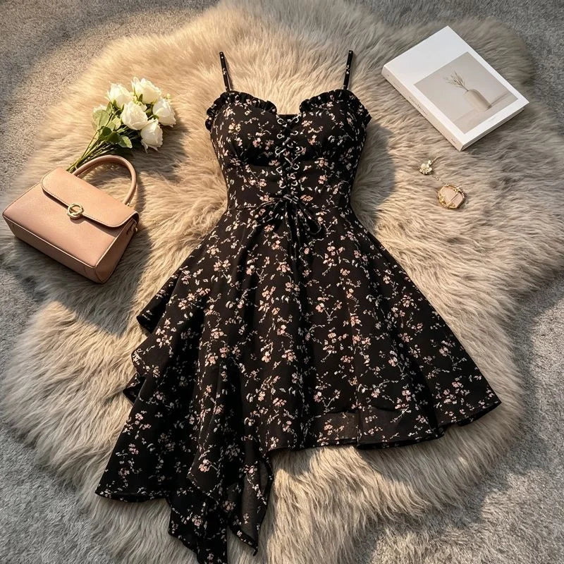 Vestido Halter Floral Ajustado — Cintura Alta Estilo Coreano