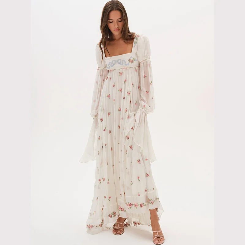 Vestido Maxi Blanco Floral — Manga Larga Abullonada Cottagecore