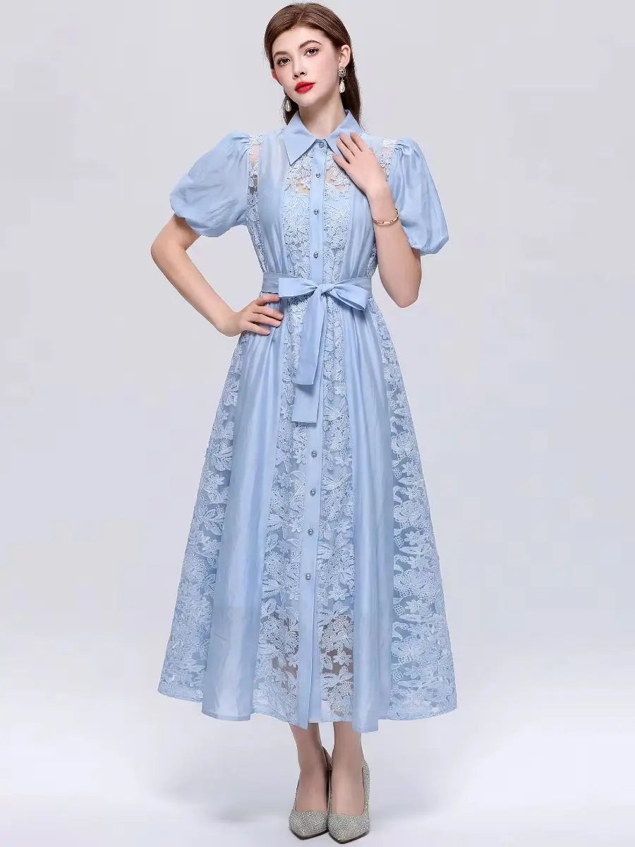 Vestido Camisero de Encaje Calado — Estilo Vintage