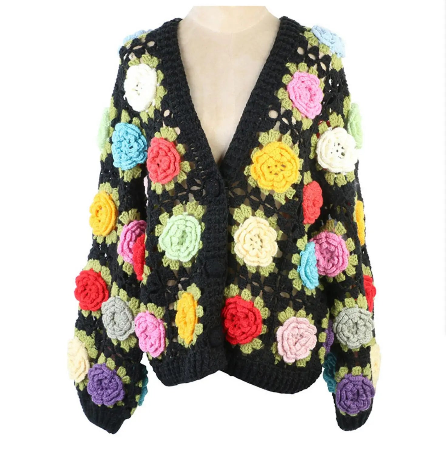 Cárdigan Crochet con Flores 3D — Manga Farol Boho