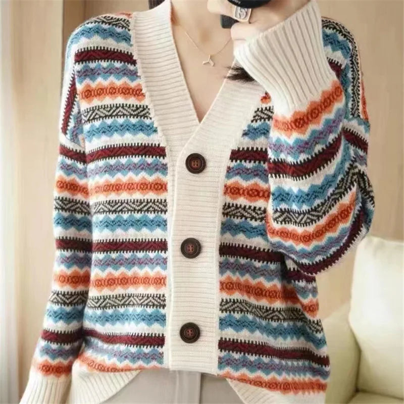 Cárdigan Estampado con Botones — Cuello V Vintage