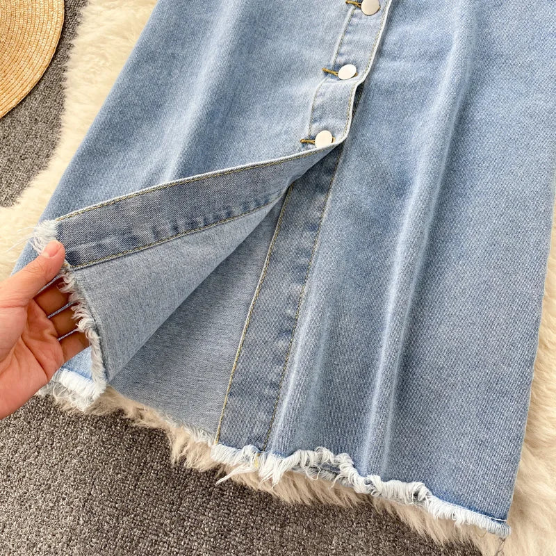 Falda Larga de Denim con Bolsillos — Estilo Vintage