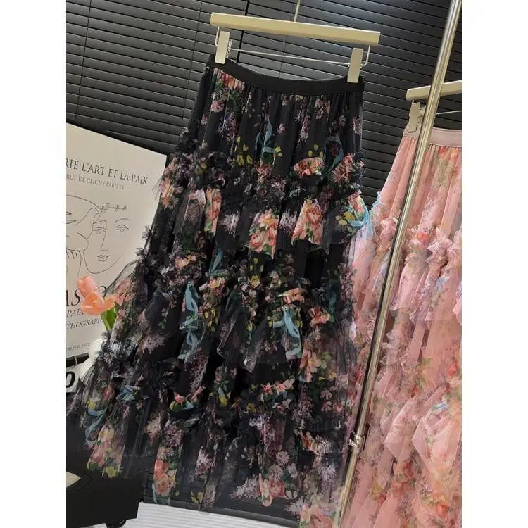 Falda Larga de Encaje Floral — Estilo Coreano