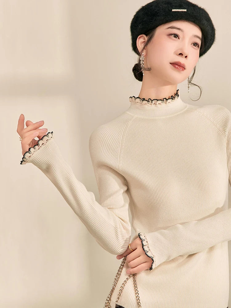 Sweater Acanalado con Volados — Cuello Alto Ajustado