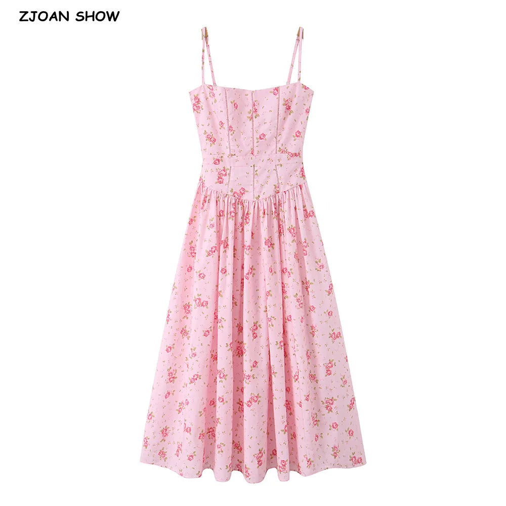 Vestido Largo de Tirantes Rosa con Encaje Calado
