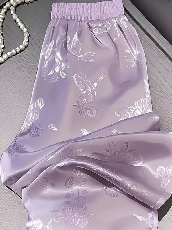 Pantalón de Satén Morado Bordado — Pierna Ancha Drapeada