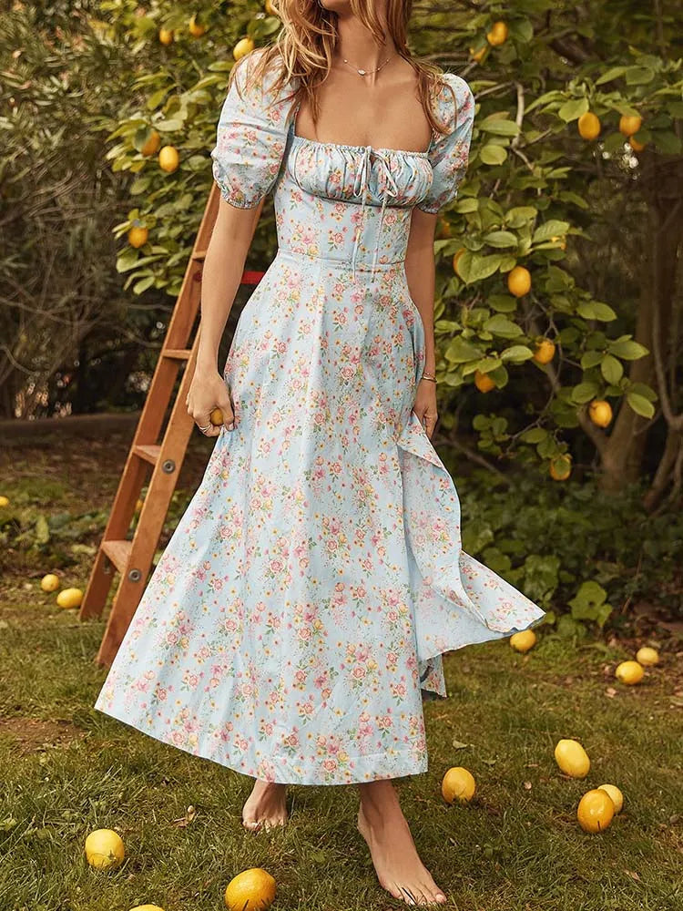 Vestido Maxi Floral con Volados — Mangas Abullonadas