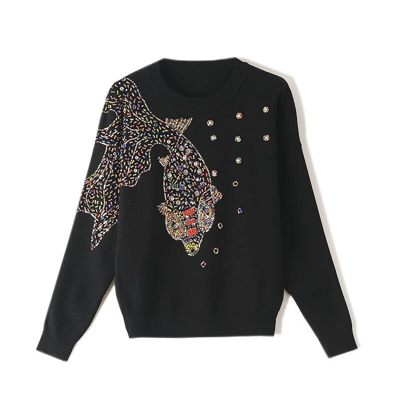 Sweater Negro con Bordado de Peces y Lentejuelas