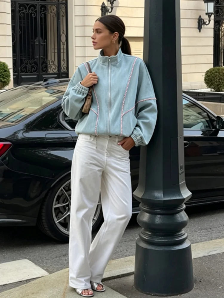 Chaqueta de Denim Cuello Alto — Corte Holgado