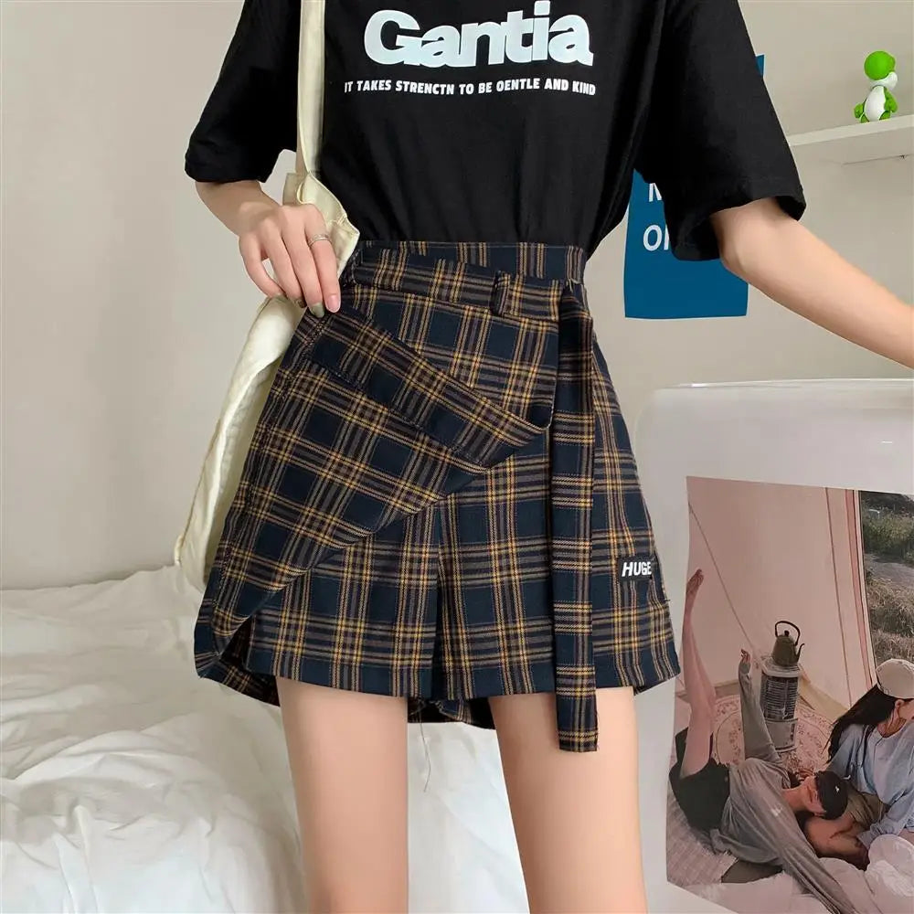 Falda Trapecio a Cuadros Talla Grande — Estilo Coreano