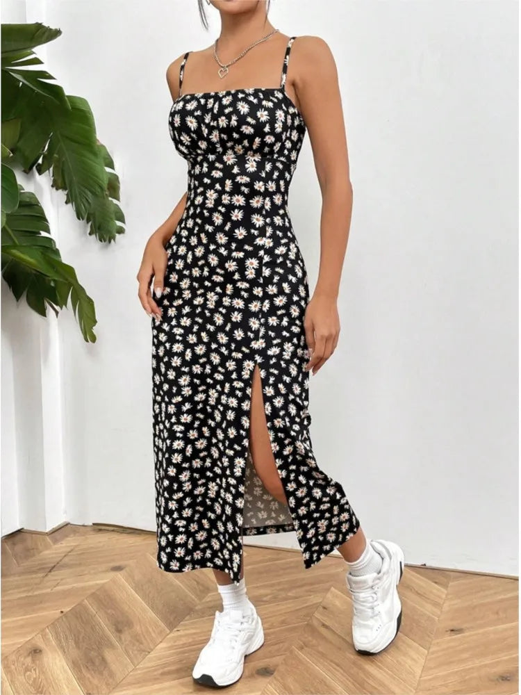 Vestido Midi Floral Sin Tirantes — Abertura Alta y Ajustado