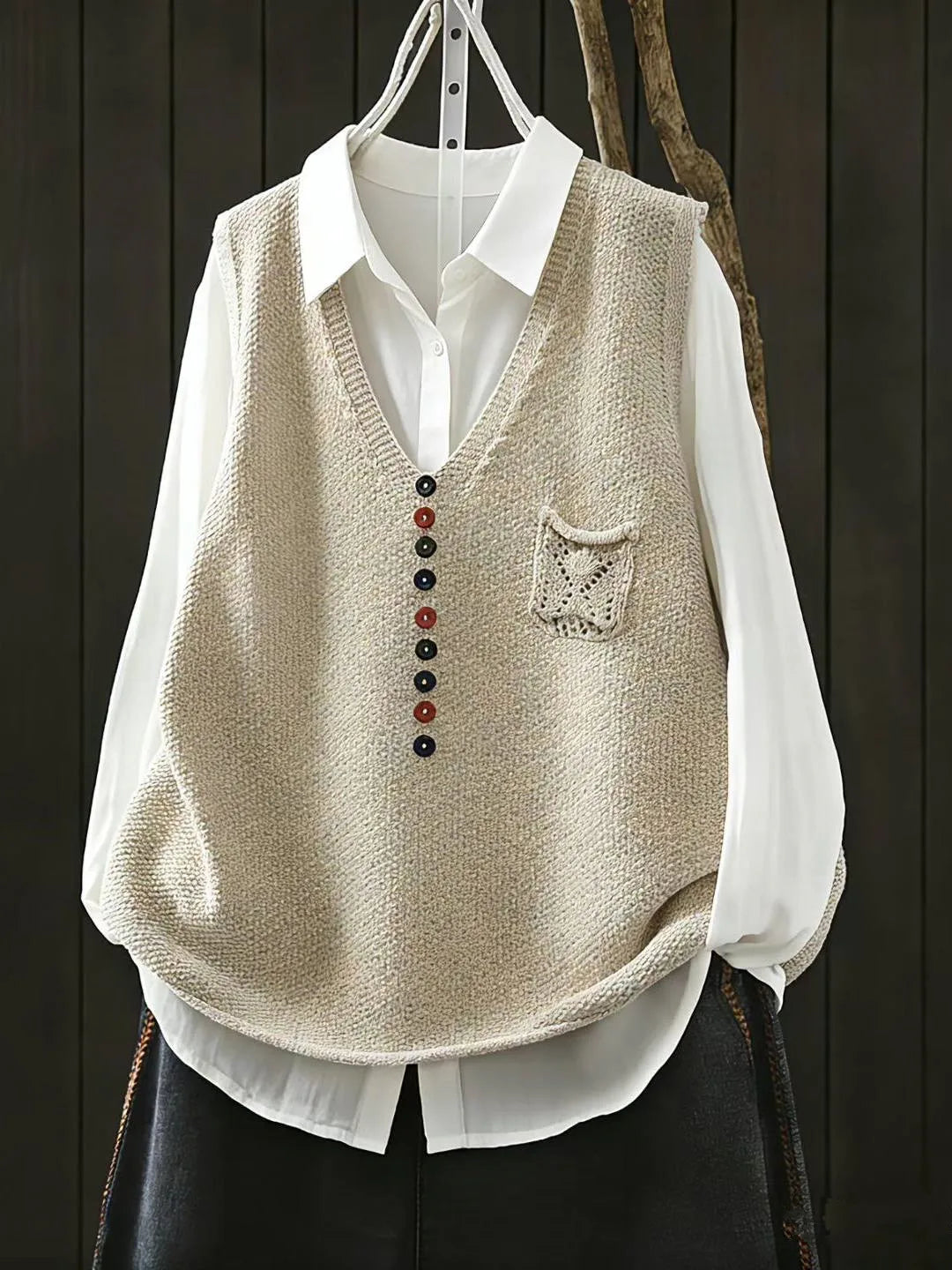 Chaleco Tejido de Algodón — Cuello V Retro