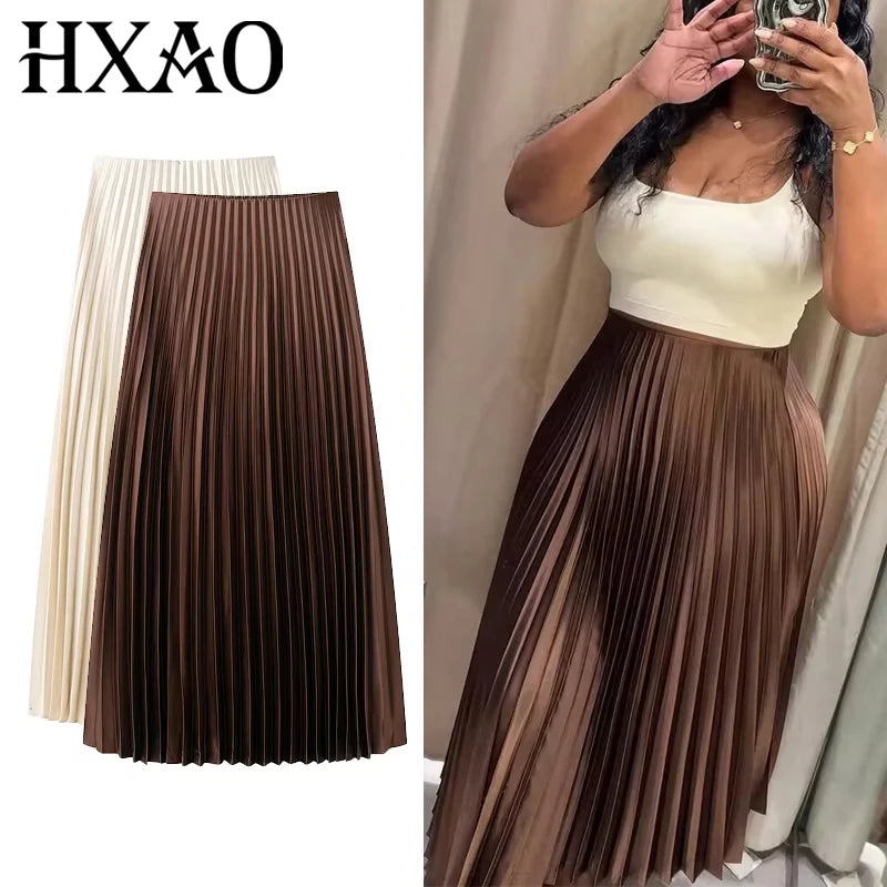 Falda Midi Plisada Café — Pliegues Cilíndricos
