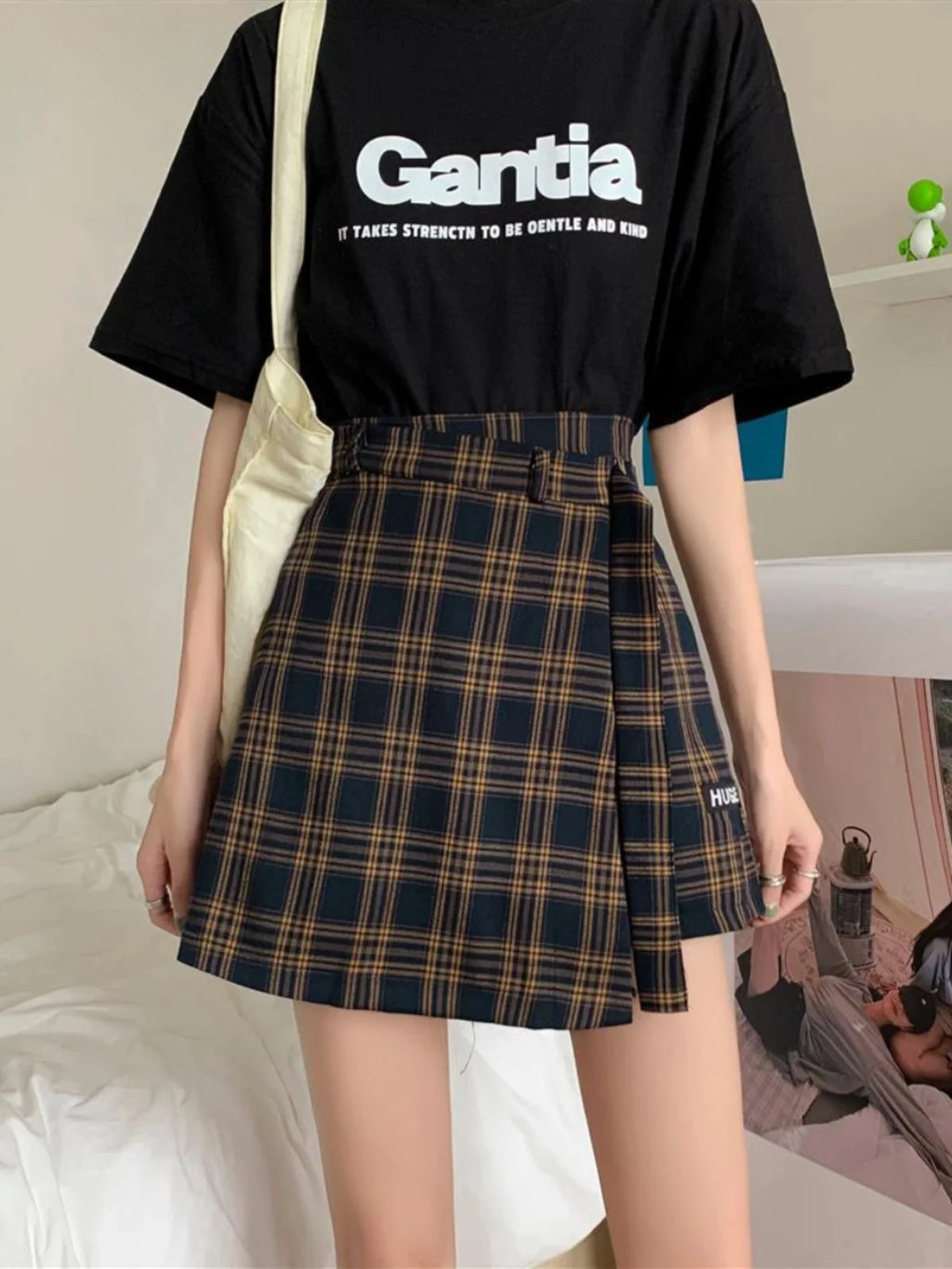 Falda Trapecio a Cuadros Talla Grande — Estilo Coreano