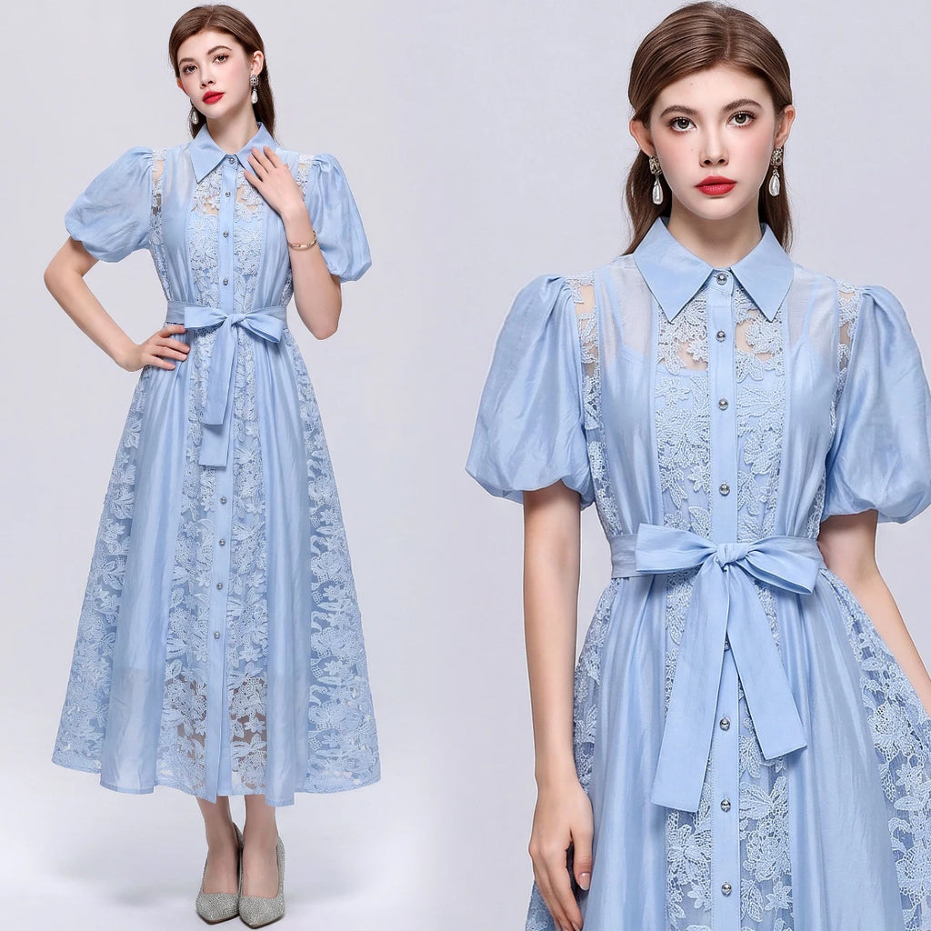 Vestido Camisero de Encaje Calado — Estilo Vintage