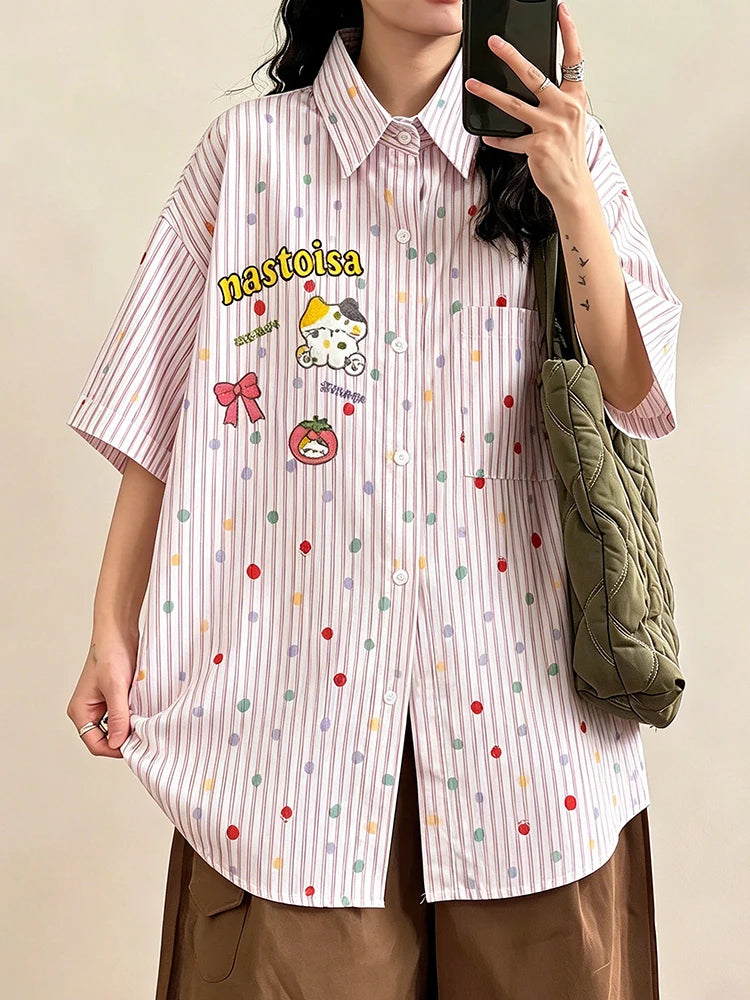Blusa Bordada de Lunares y Rayas — Estilo Kawaii