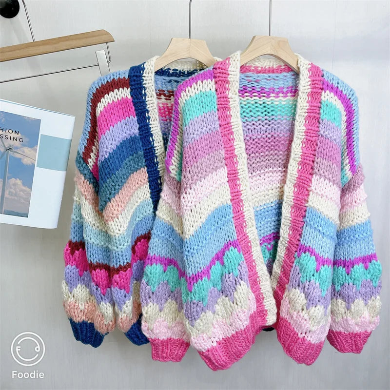 Cárdigan Tejido a Rayas Multicolor — Hecho a Mano