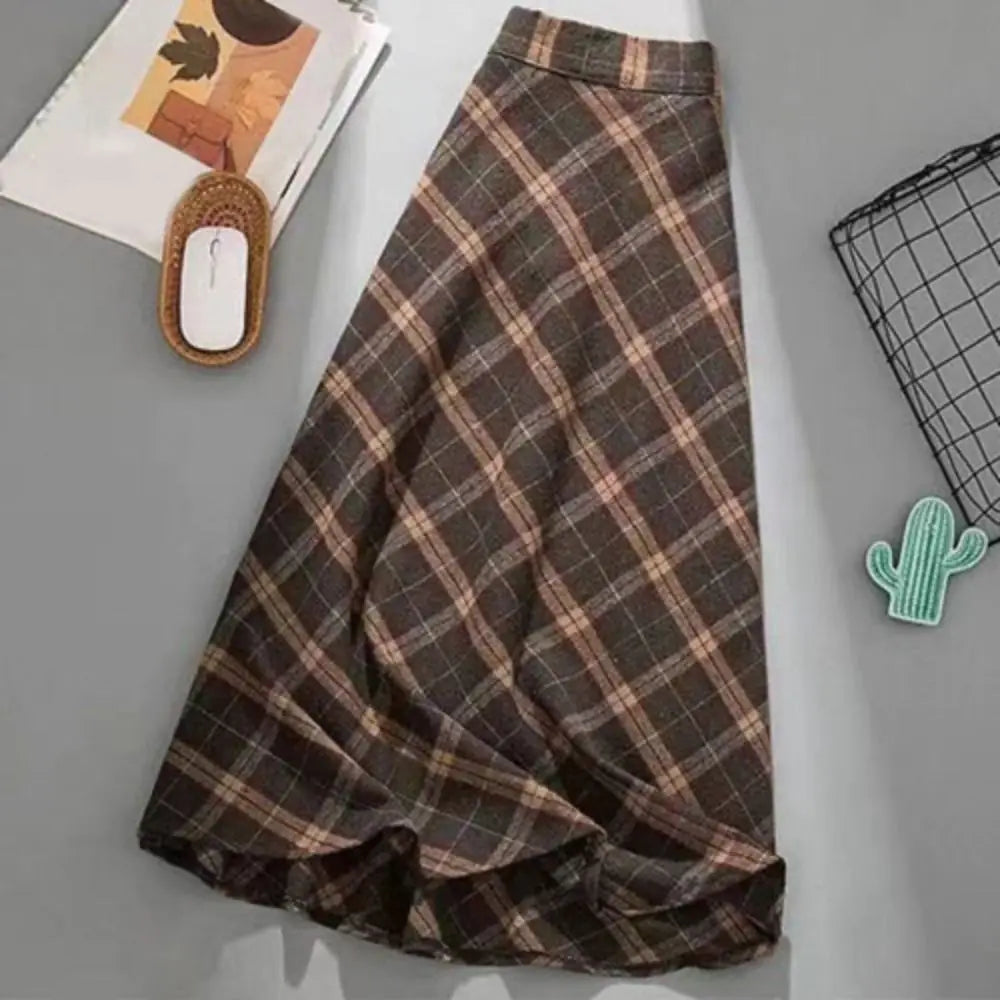 Falda Midi a Cuadros Tiro Alto — Estilo Retro Preppy