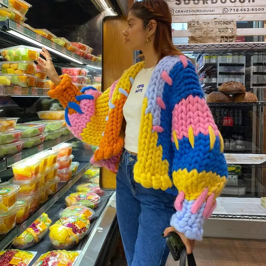 Cárdigan de Lana Pura Cuello V — Hilo Grueso Suave