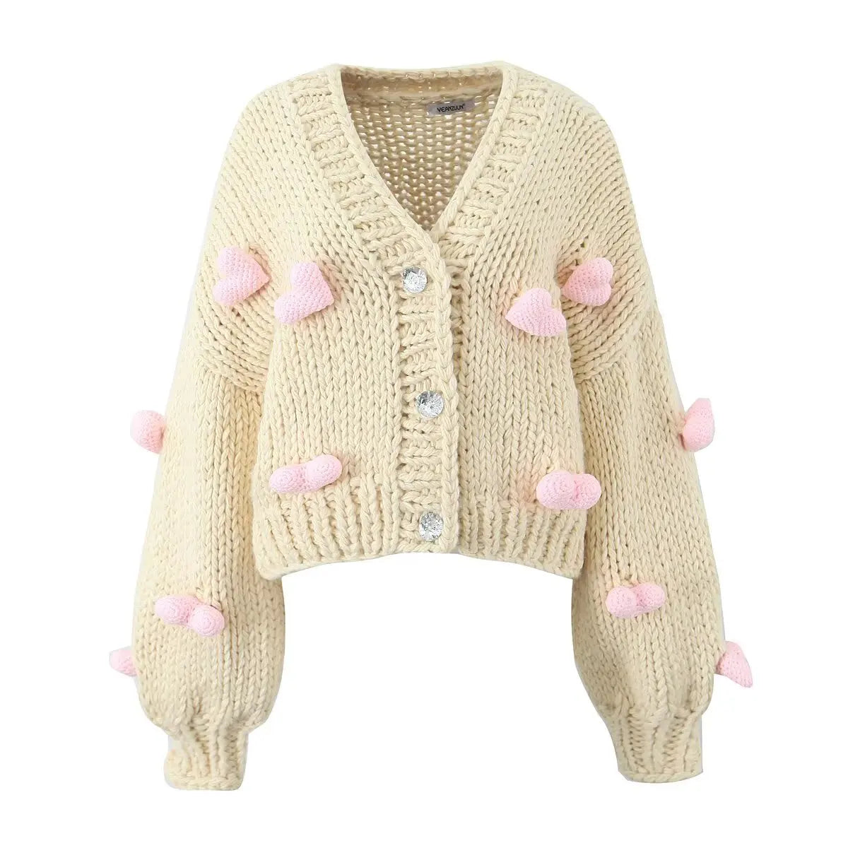 Cárdigan Crochet con Corazones 3D — Manga Farol Beige