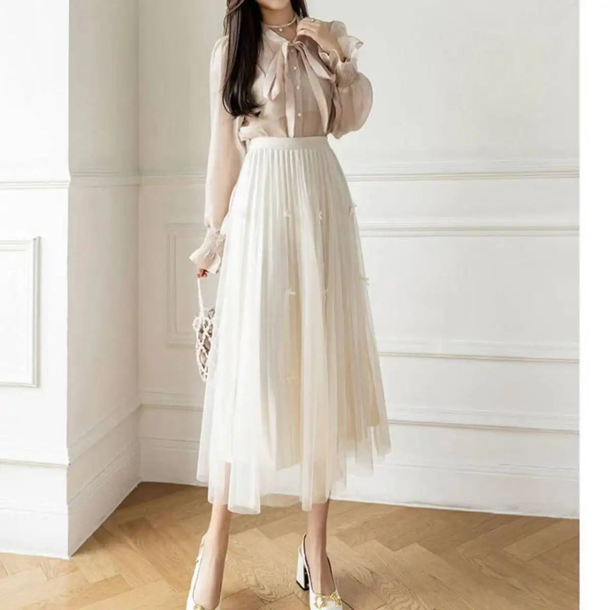 Falda Larga de Encaje Floral — Estilo Coreano