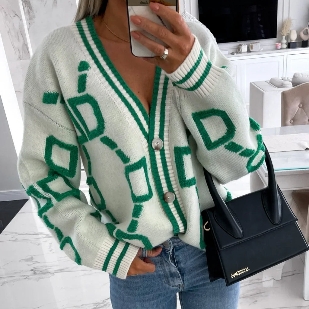 Cárdigan Tejido Estampado Cuello V — Botonadura Sencilla