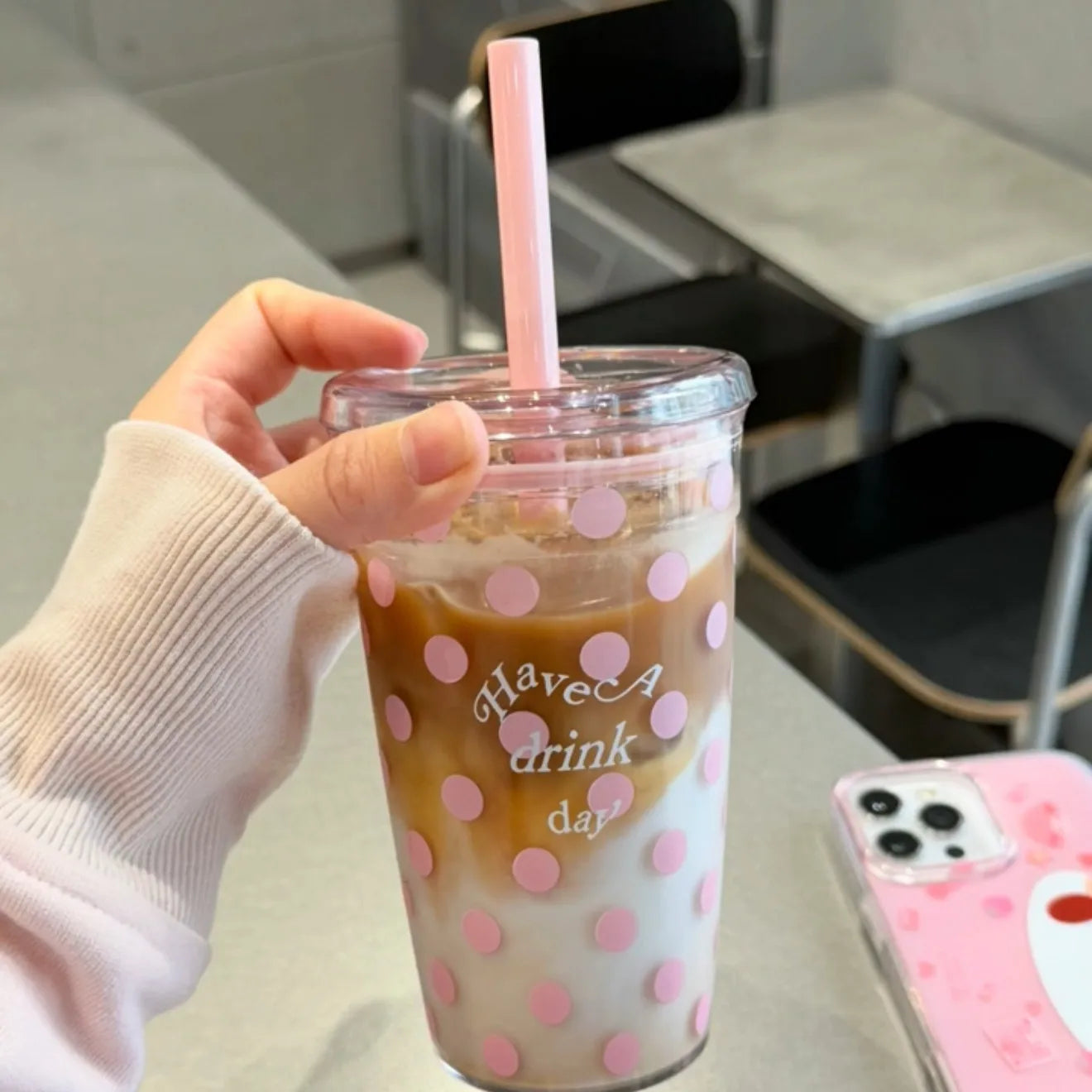 Vaso con Bombilla Estilo Coreano Lunares