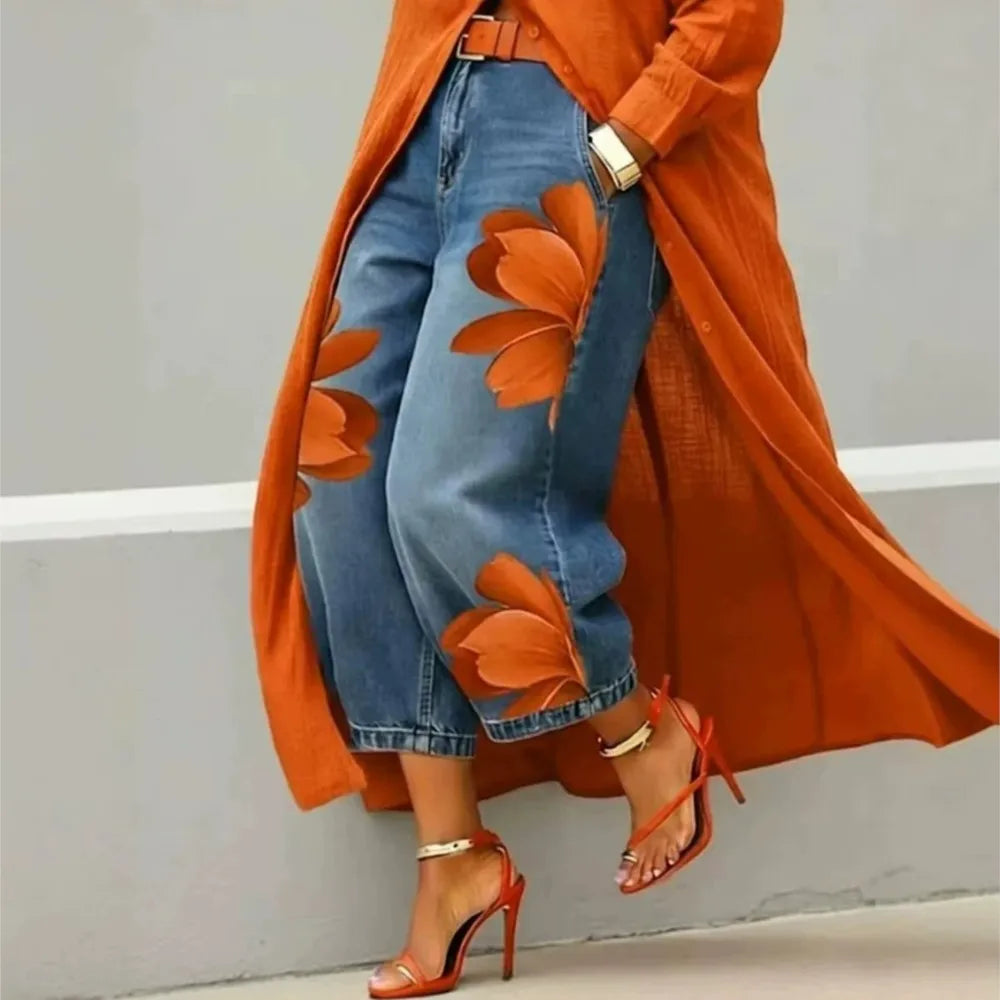 Pantalón Efecto Denim Estampado — Corte Ancho 7/8