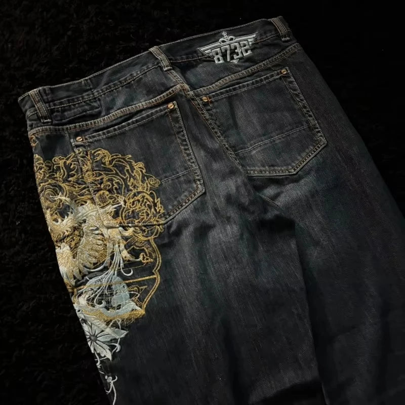 Jeans Anchos Bordados con Flor de Cerezo — Estilo Y2K