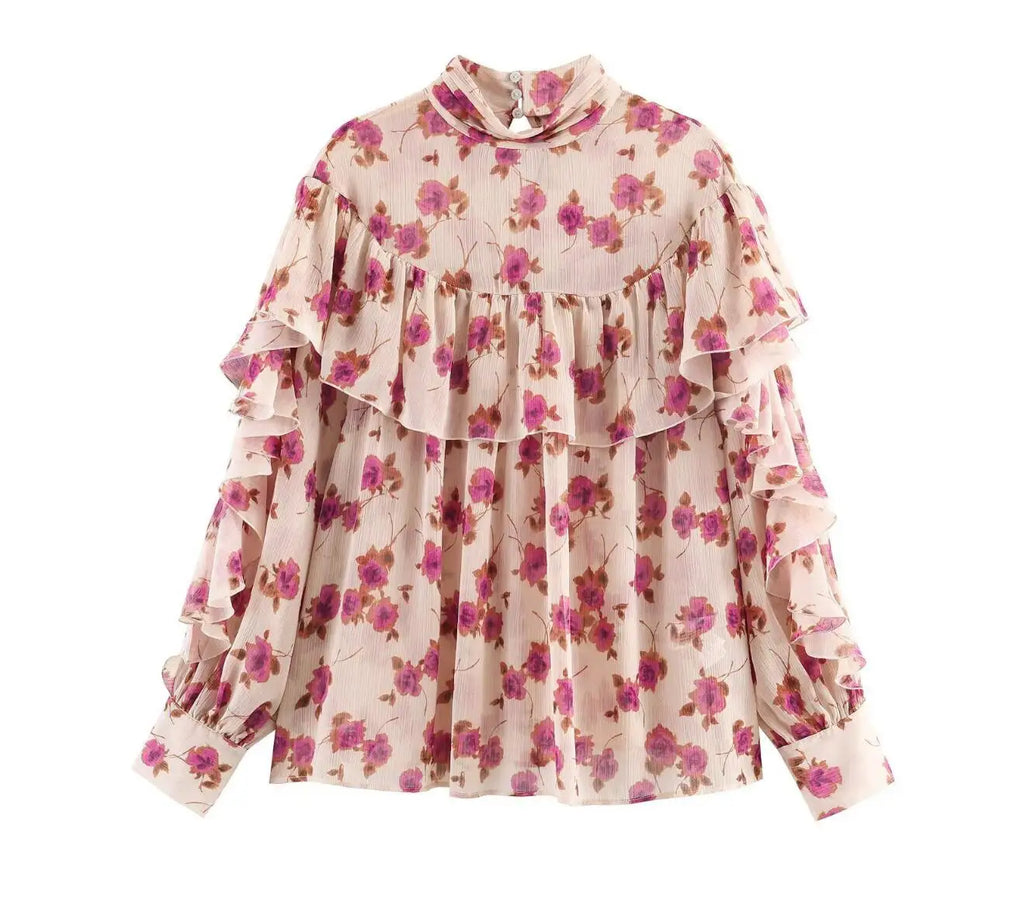 Blusa Floral con Volados — Cuello Alto y Manga Farol