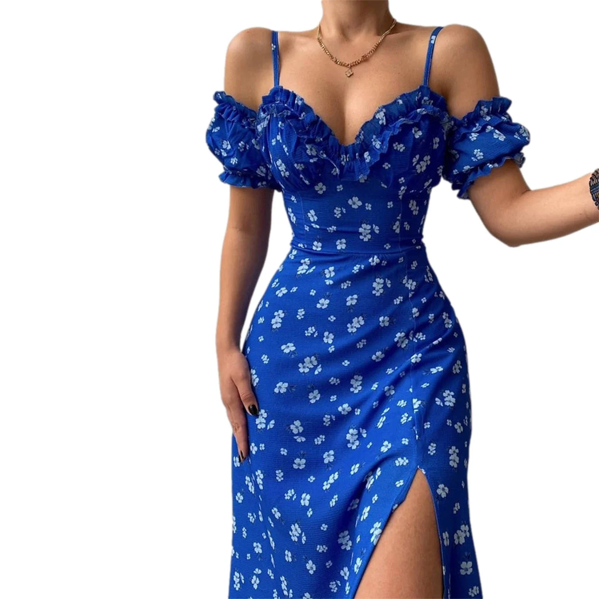 Vestido Midi Floral Hombros Descubiertos — Abertura Lateral