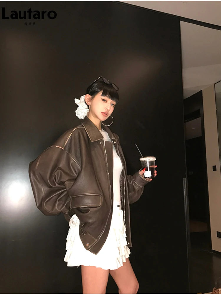 Chaqueta Oversize de Cuero Vegano Café — Efecto Desgastado