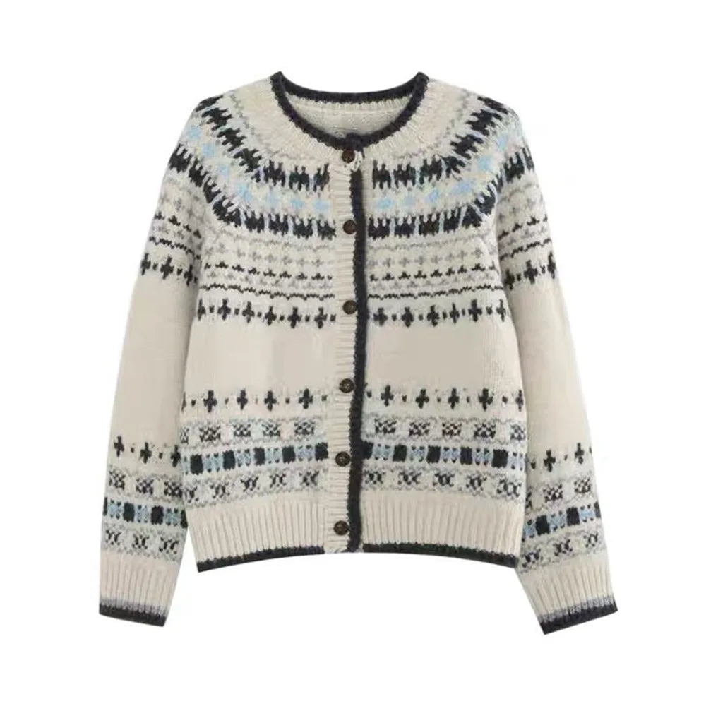 Cárdigan Tejido Estampado Vintage — Botonadura Sencilla