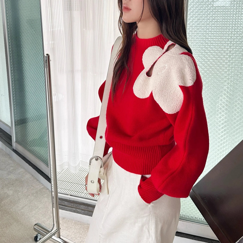 Sweater Rojo con Flores 3D Aplicadas — Manga Abullonada