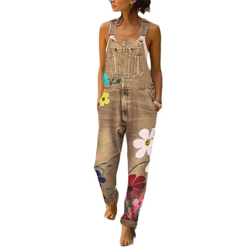 Overol de Denim con Tirantes — Estampado Floral