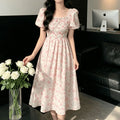Vestido Midi Plisado Floral — Manga Globo y Cintura Ceñida