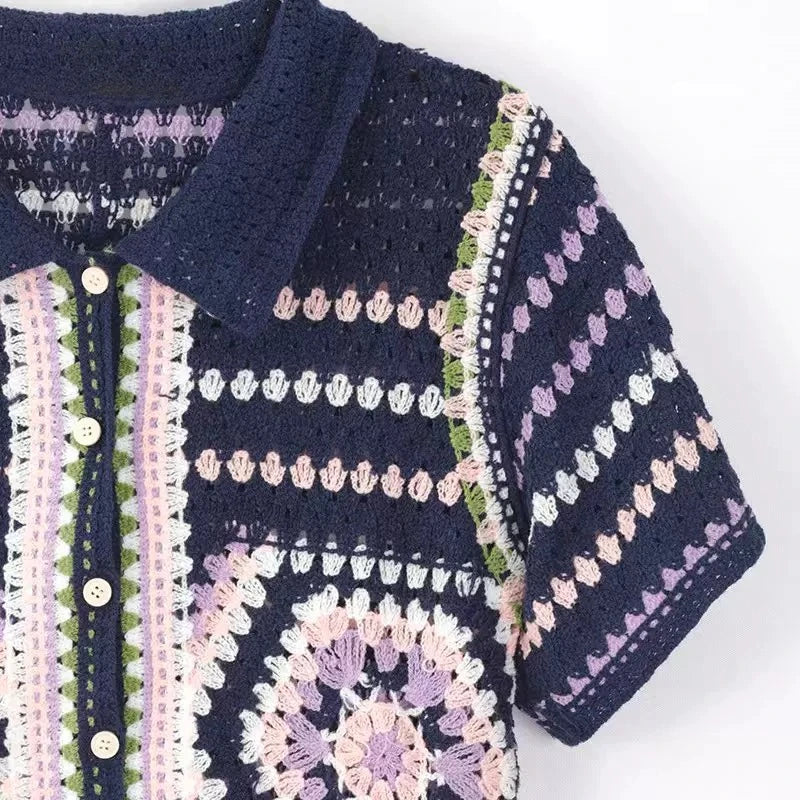Cárdigan Crochet Granny Square — Manga Corta