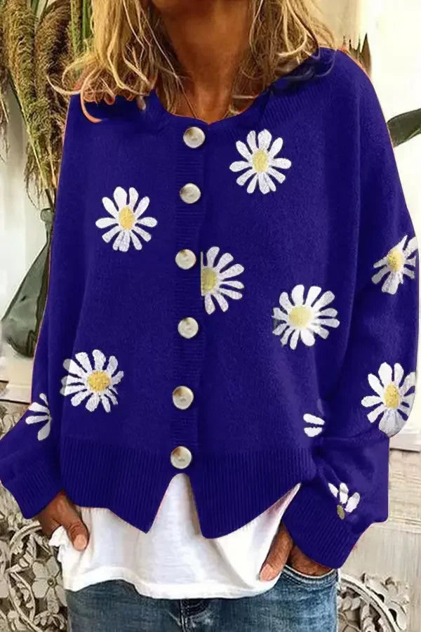 Cárdigan Tejido Floral con Botones — Cuello Redondo