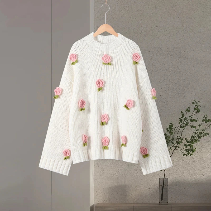 Sweater Oversize con Flores 3D — Cuello Redondo Holgado