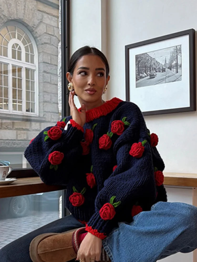 Sweater Vintage con Rosa Decorativa — Cuello Redondo Casual