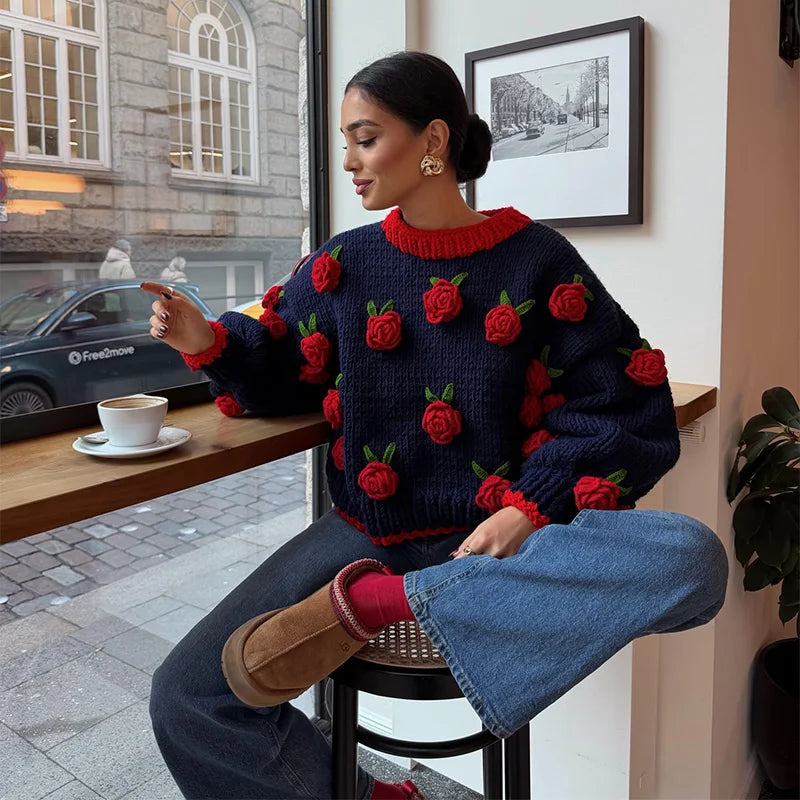 Sweater Vintage con Rosa Decorativa — Cuello Redondo Casual